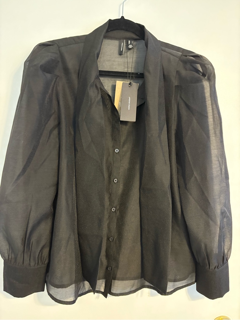 Vero Moda Black Semi-Sheer Button Blouse with Scarf Collar - Picture 2 of 8